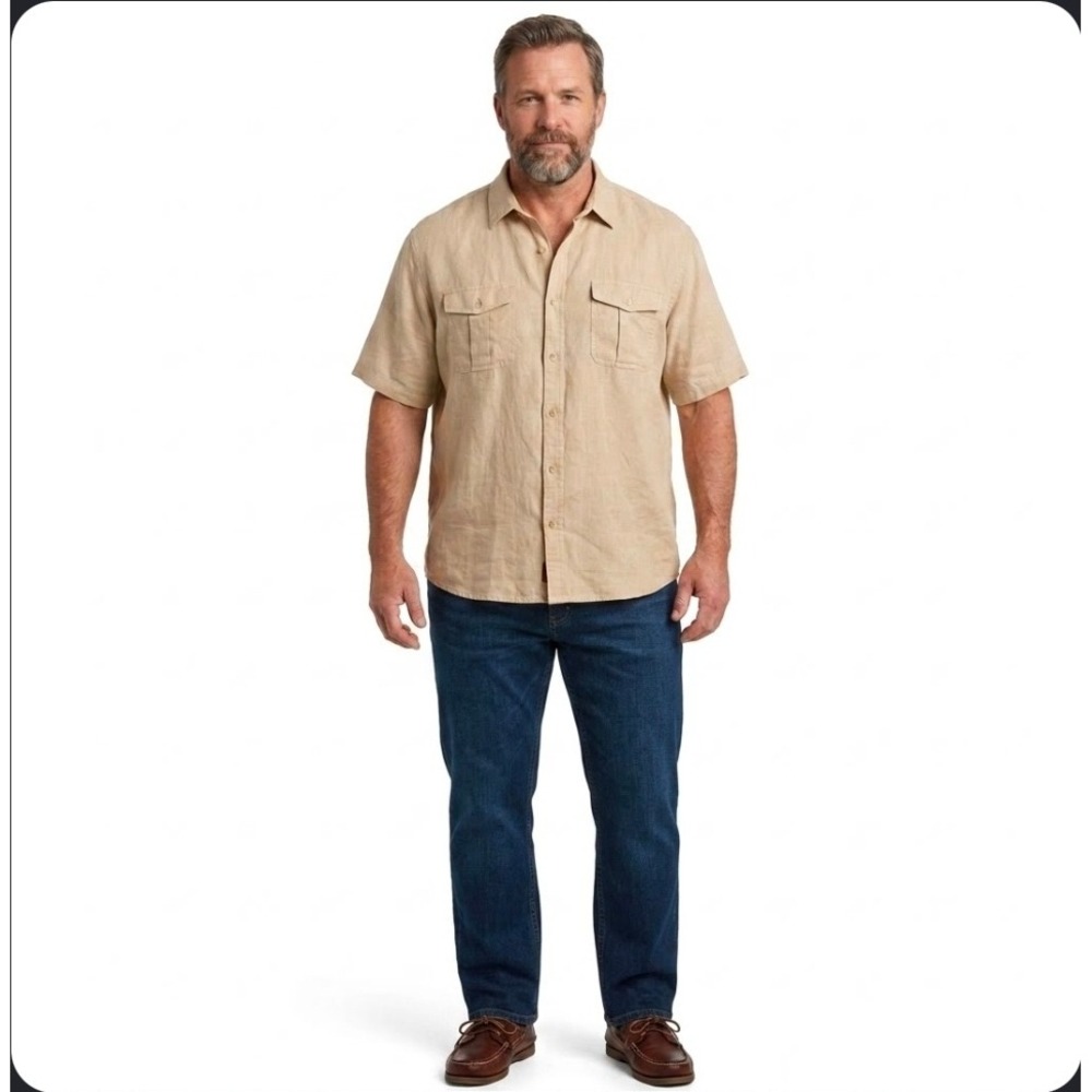 Orvis Tan Linen Button Down Shirt Size XXL Safari Short Sleeve Cargo Pocket